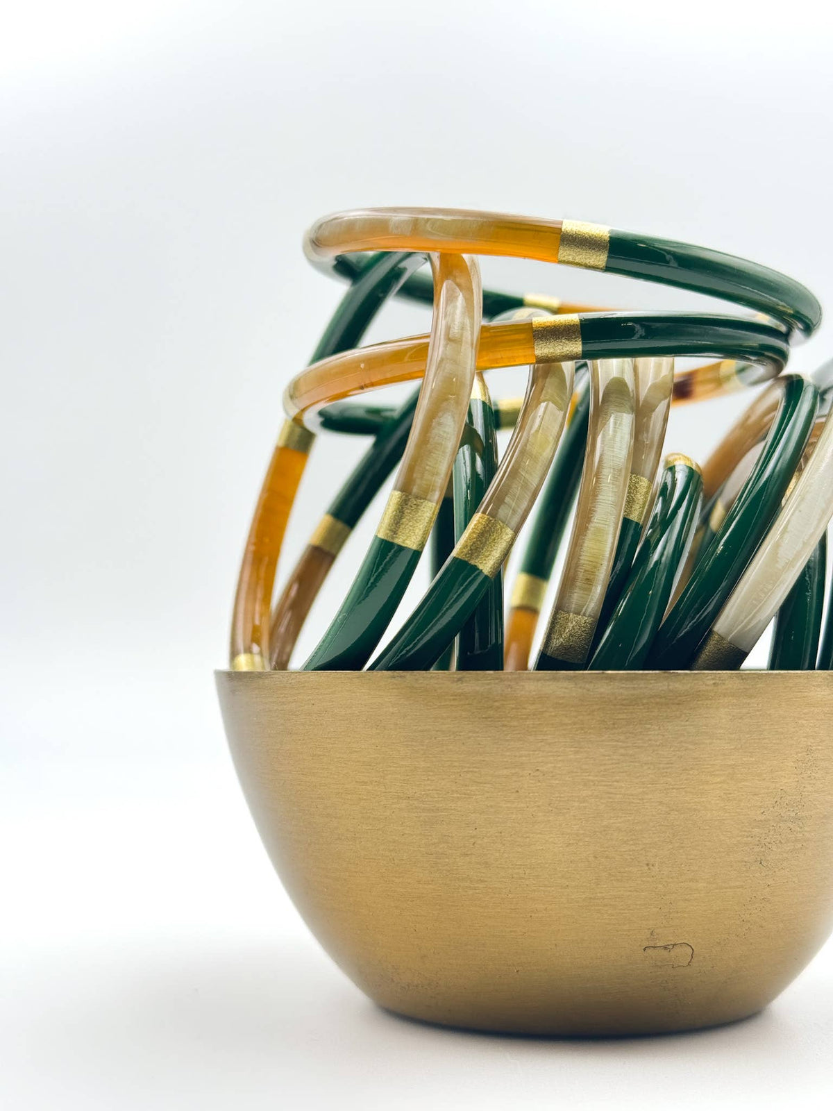 Lacquered buffalo horn bangle in fir green and gold C55