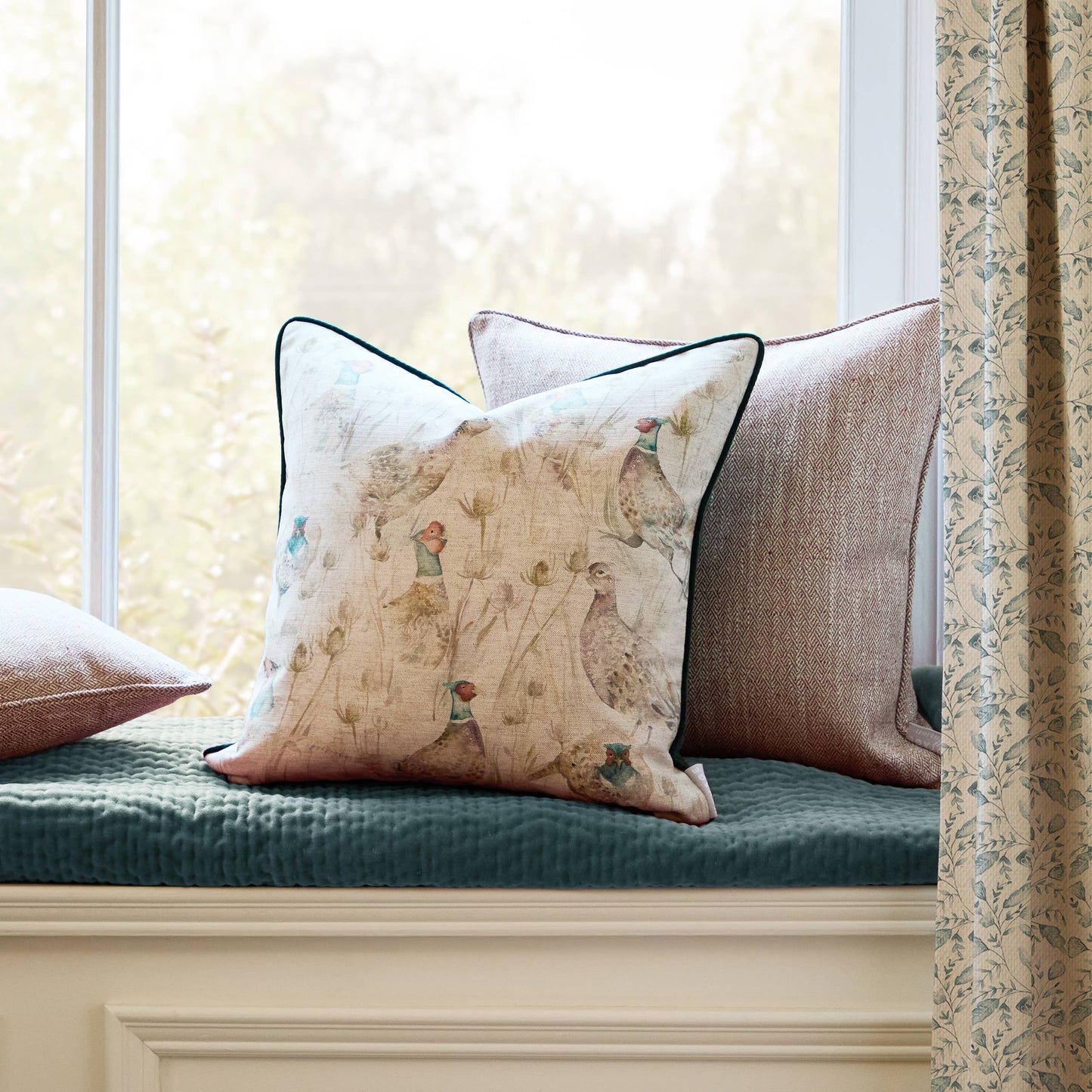 Bowmont Pheasant Printed Piped Cushion Natural