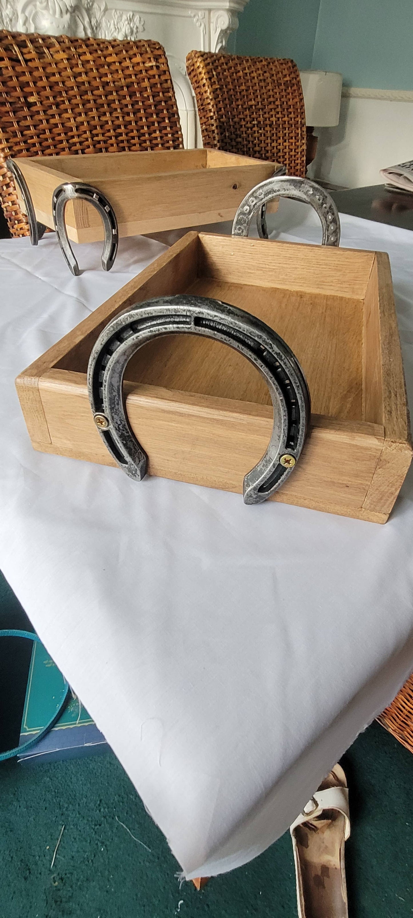 Handmade wooden tray with polished horseshoe handles