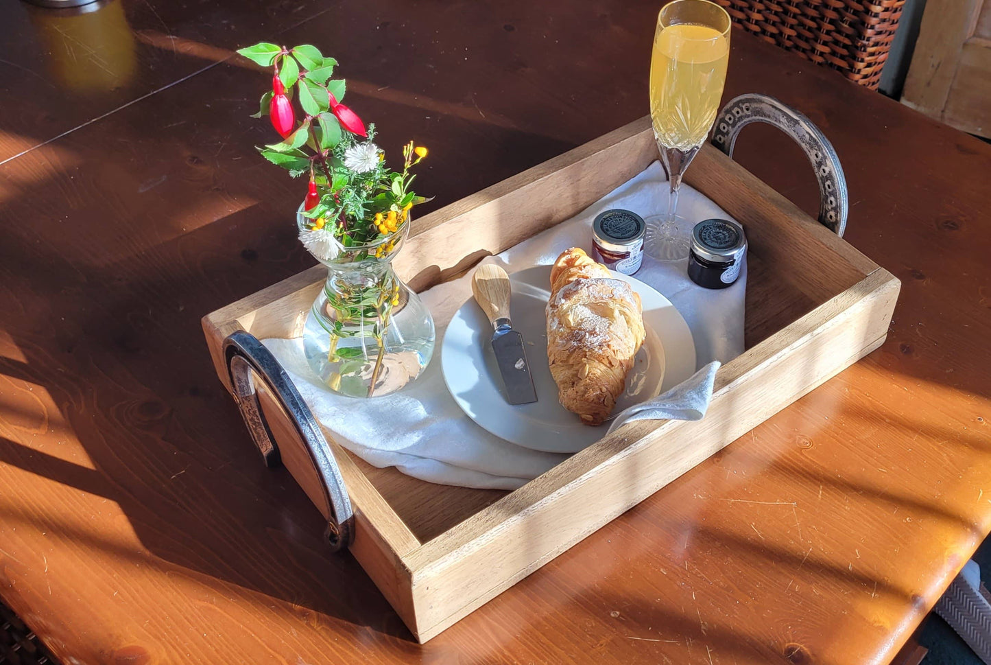 Handmade wooden tray with polished horseshoe handles