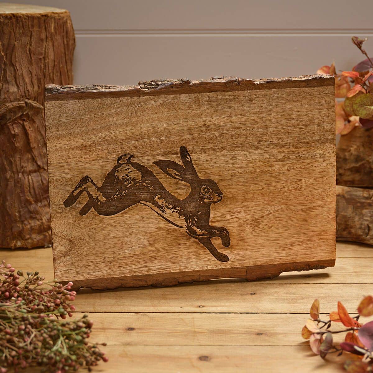 Mango Wood Engraved Decorative Hare Board With Bark Edge