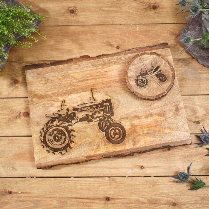 Mango Wood Engraved Decorative Tractor Board With Bark Edge