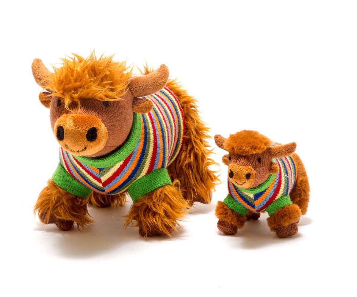 Knitted Highland Cow Baby Rattle with Stripe Jumper
