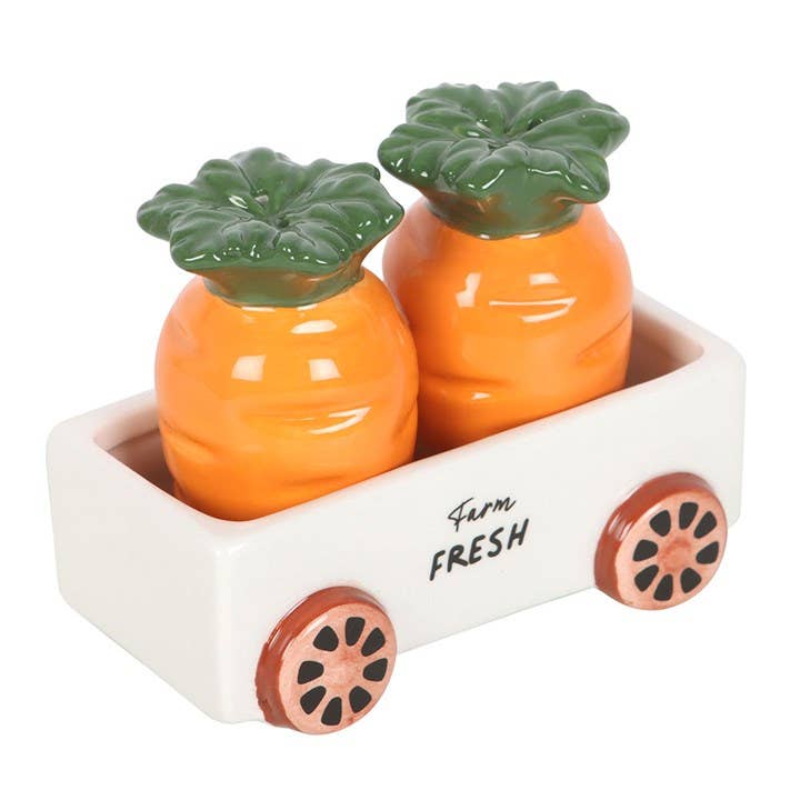 Carrot Patch Salt and Pepper Shakers in Wagon