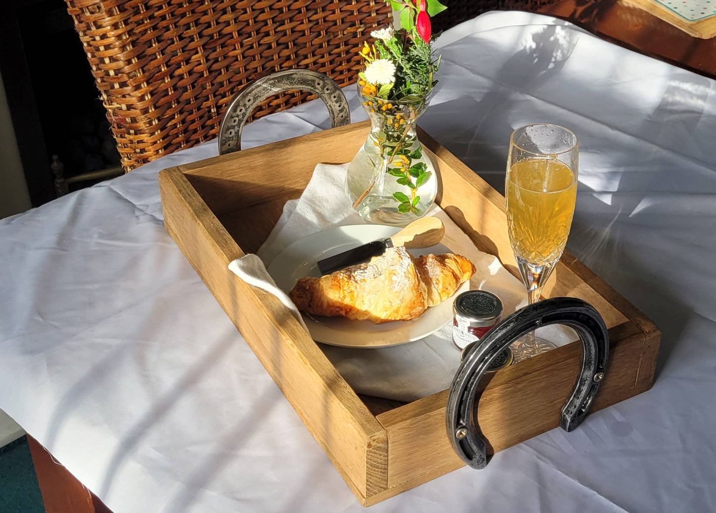 Handmade wooden tray with polished horseshoe handles