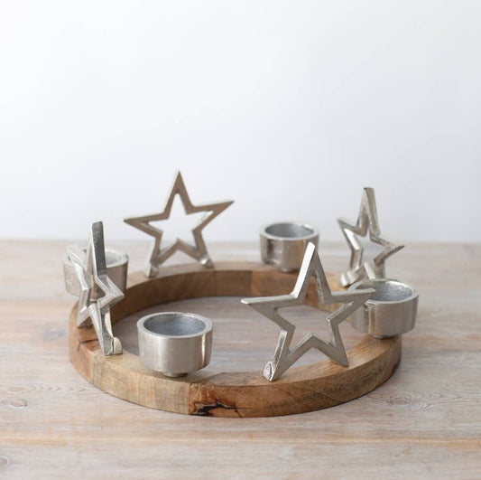 Wooden Ring with Star & Tea light Holder, 25cm