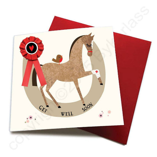 Get Well Soon - Horse Greeting Card (With Satin Rosette)
