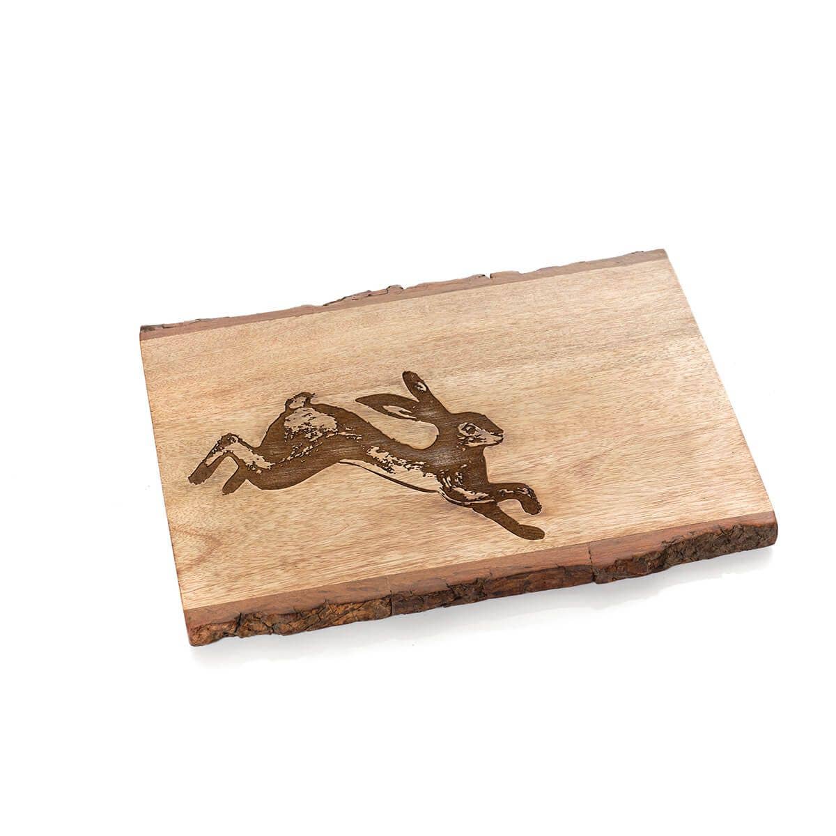 Mango Wood Engraved Decorative Hare Board With Bark Edge