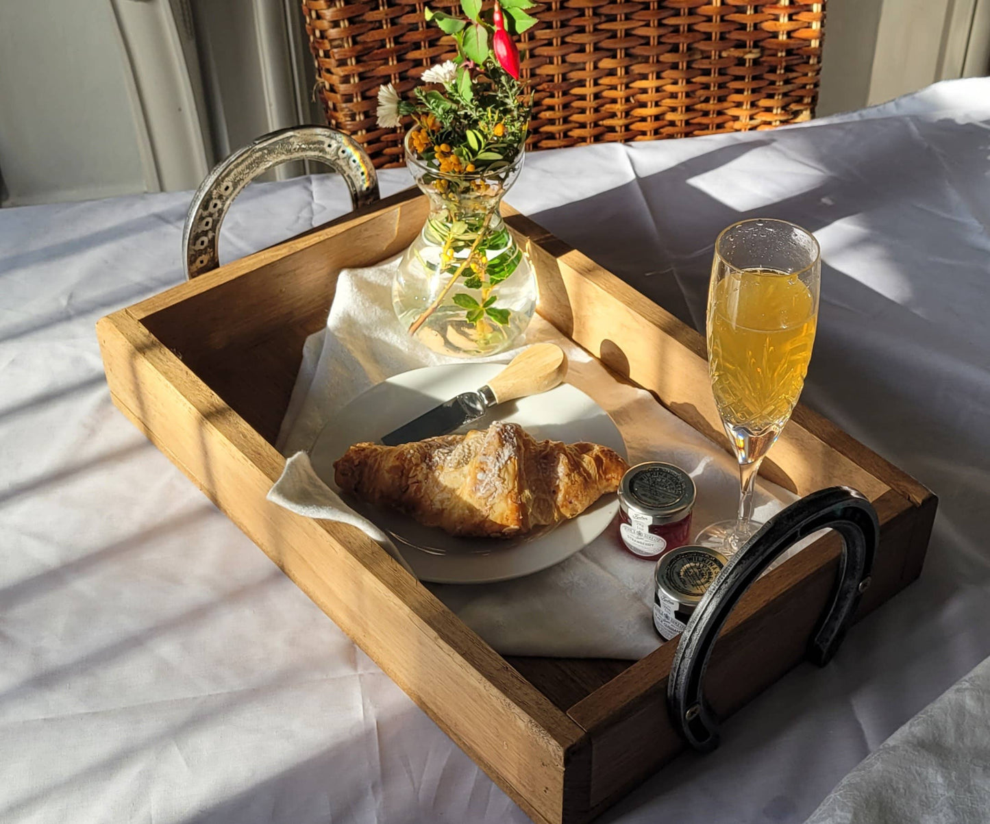 Handmade wooden tray with polished horseshoe handles