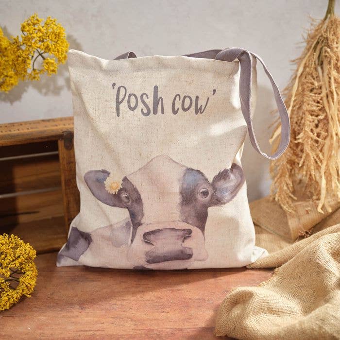 Farm Life Posh Cow Polyester With Linen Tote Bag