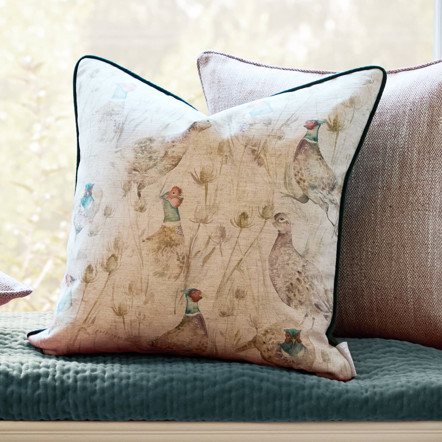 Bowmont Pheasant Printed Piped Cushion Natural