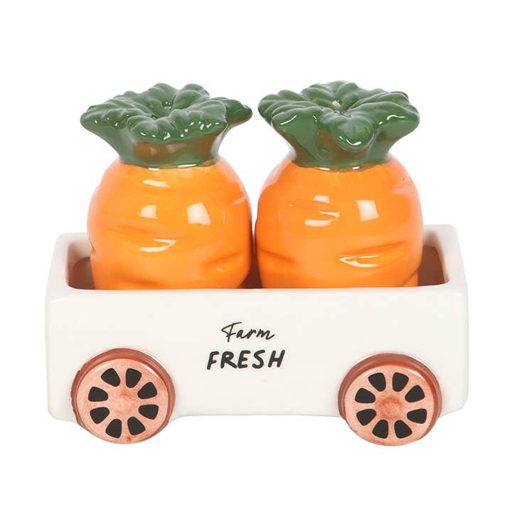 Carrot Patch Salt and Pepper Shakers in Wagon
