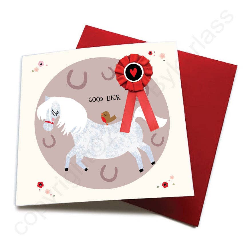 Good Luck - Horse Greeting Card (with satin rosette)