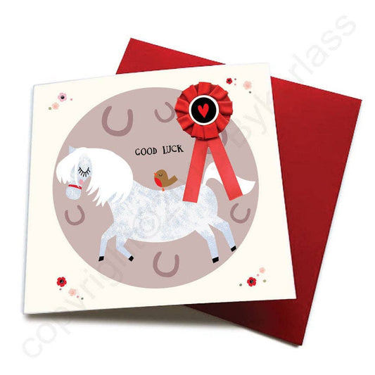 Good Luck - Horse Greeting Card (with satin rosette)