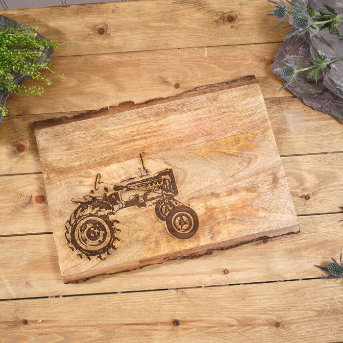 Mango Wood Engraved Decorative Tractor Board With Bark Edge