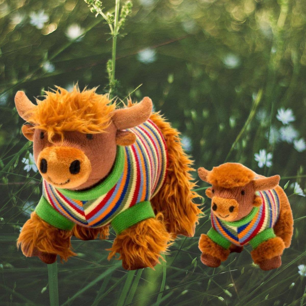 Knitted Highland Cow Baby Rattle with Stripe Jumper