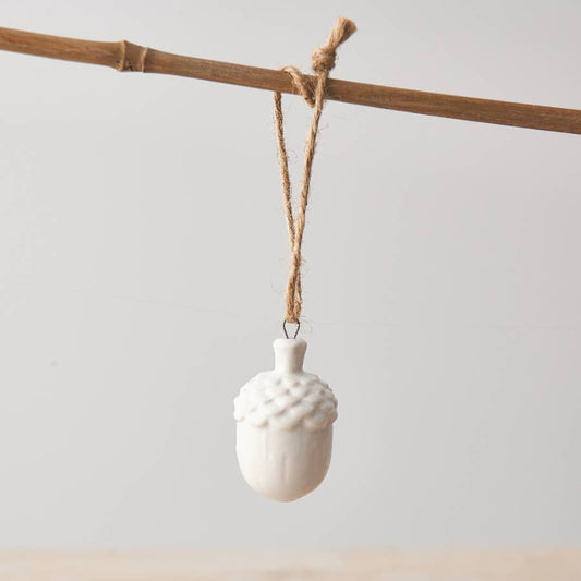 White Hanging Acorn Decoration, 4.5cm