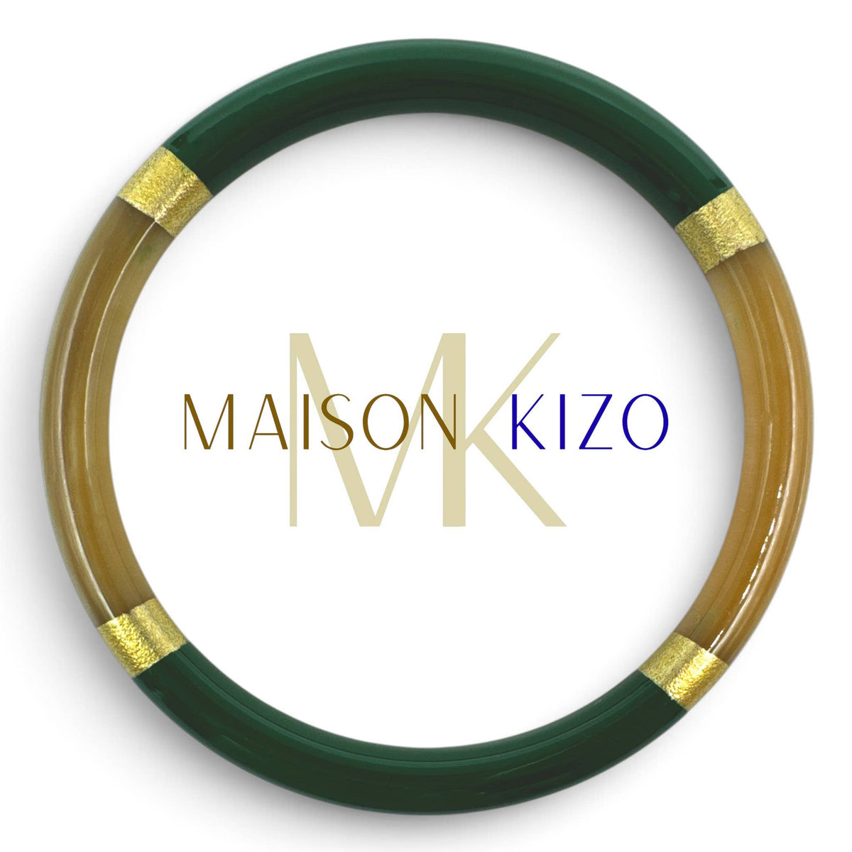 Lacquered buffalo horn bangle in fir green and gold C55