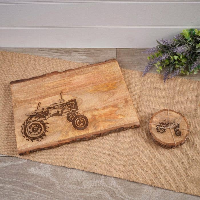 Mango Wood Engraved Decorative Tractor Board With Bark Edge