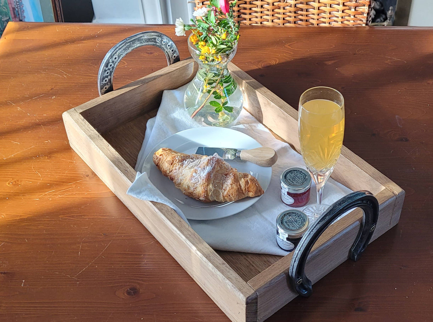Handmade wooden tray with polished horseshoe handles