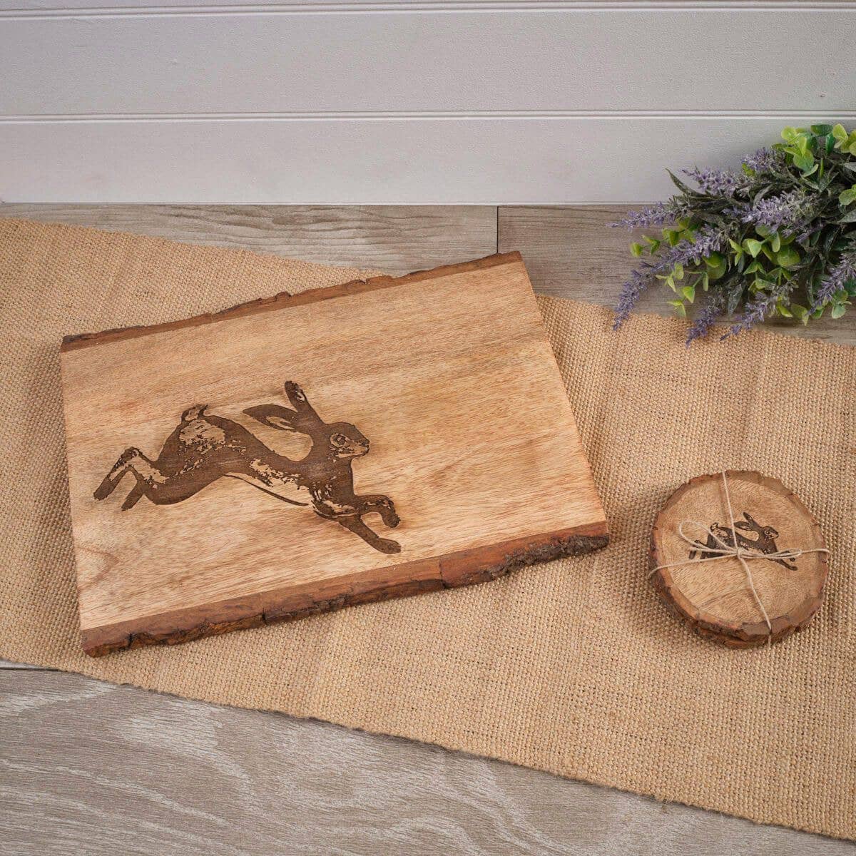 Mango Wood Engraved Decorative Hare Board With Bark Edge