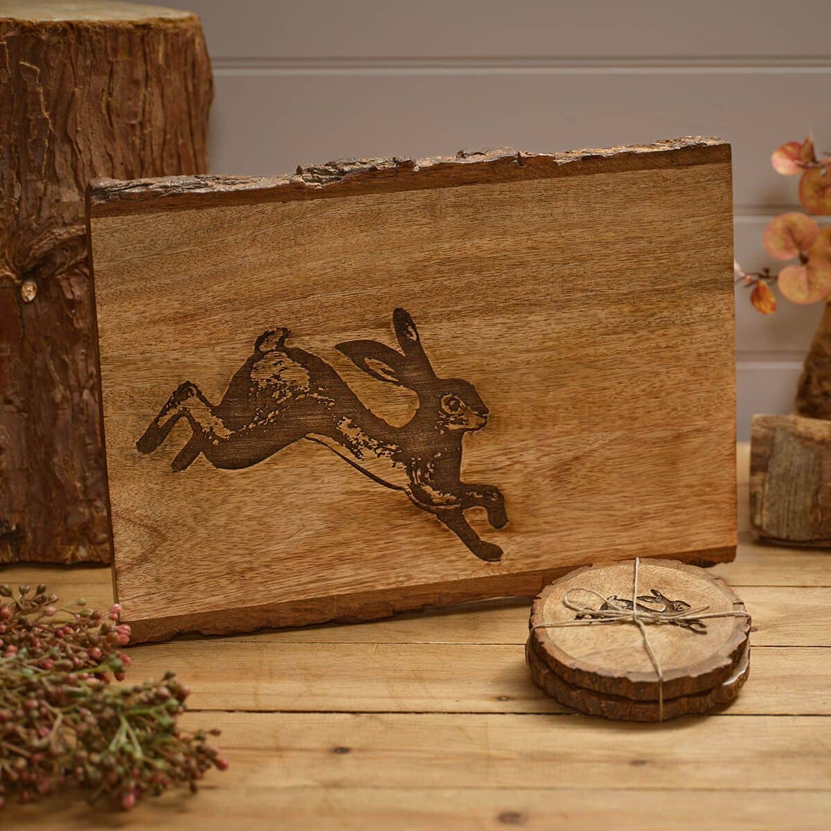 Mango Wood Engraved Decorative Hare Board With Bark Edge