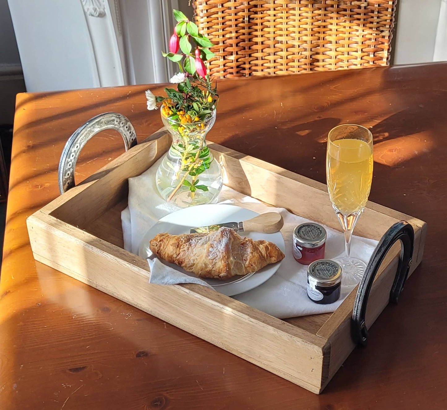 Handmade wooden tray with polished horseshoe handles