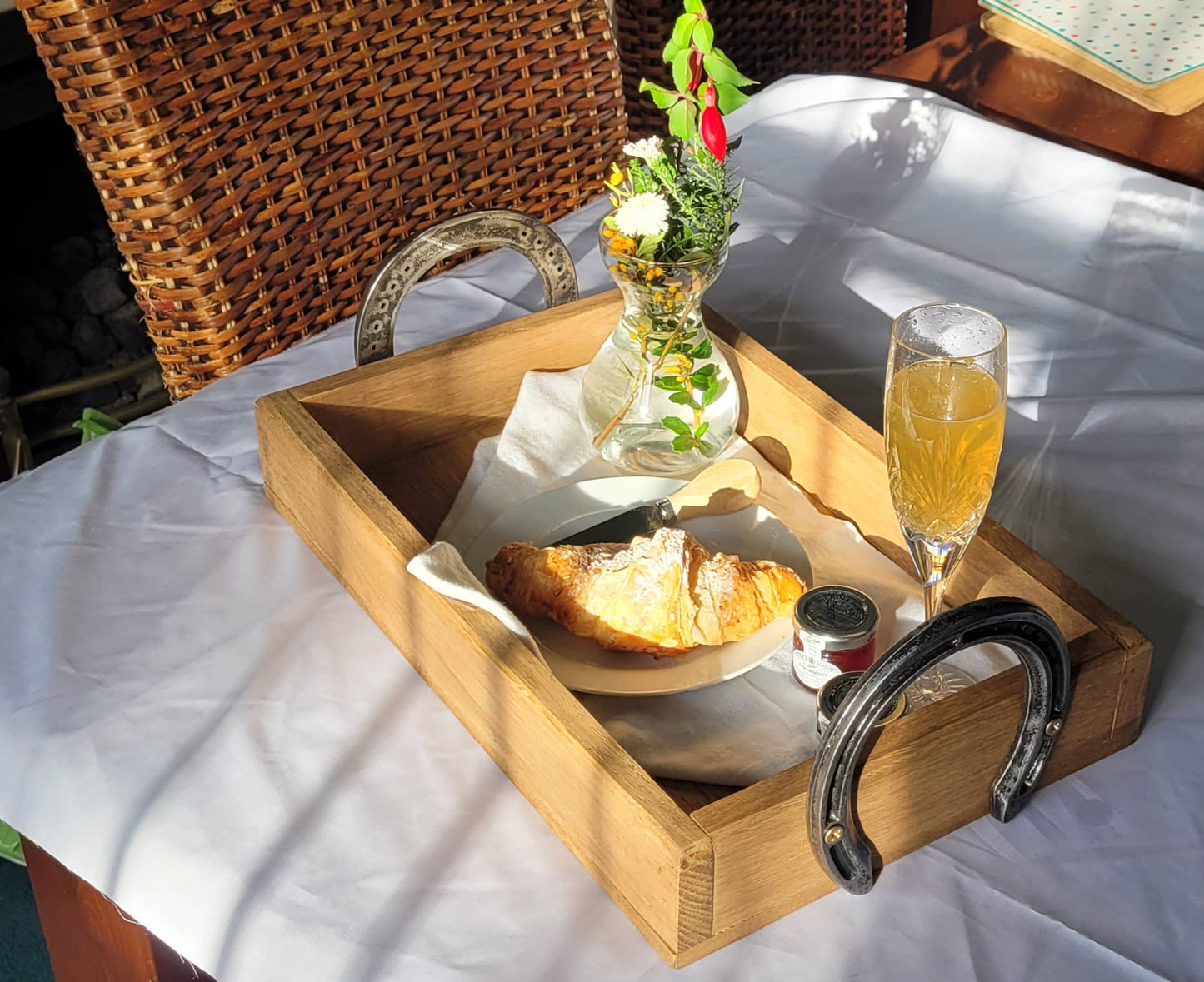 Handmade wooden tray with polished horseshoe handles