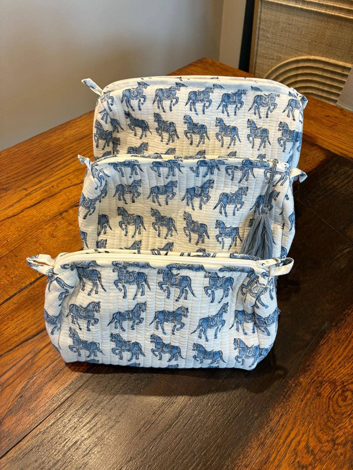 Woodblock Blue Horse Quilted Makeup Bag Set